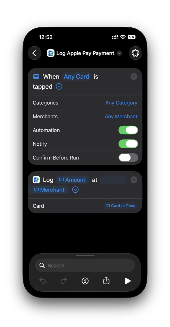 Apple Pay automation: When Any Card is tapped, then Log Amount at Merchant with Card or Pass