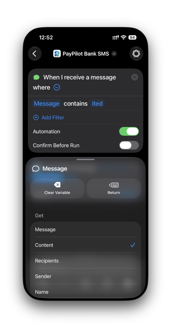 Variable menu for the message trigger with Content ticked
