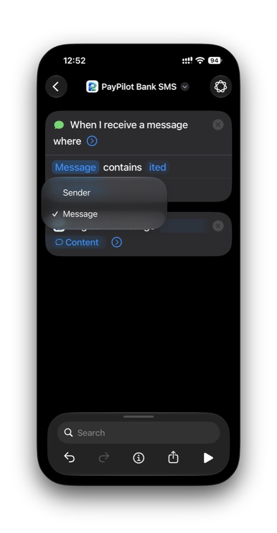 Filter menu with Sender and Message; Message selected; filter reads Message contains ited