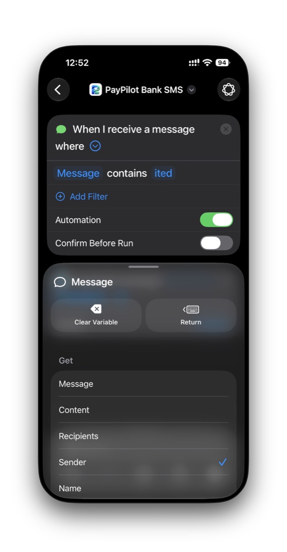 Variable menu for the message trigger with Sender ticked